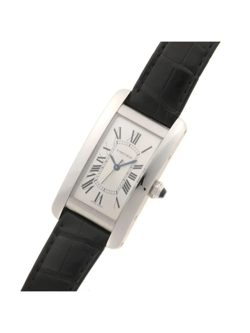 Cartier Tank American MM Watch Steel Crocodile Leather Silver Dial Quartz